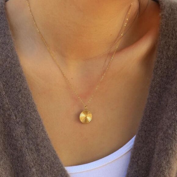 Gold Medallion Necklace Sunburst Coin Gold Layering Necklace Minimalist Jewelry. - Picture 3 of 7